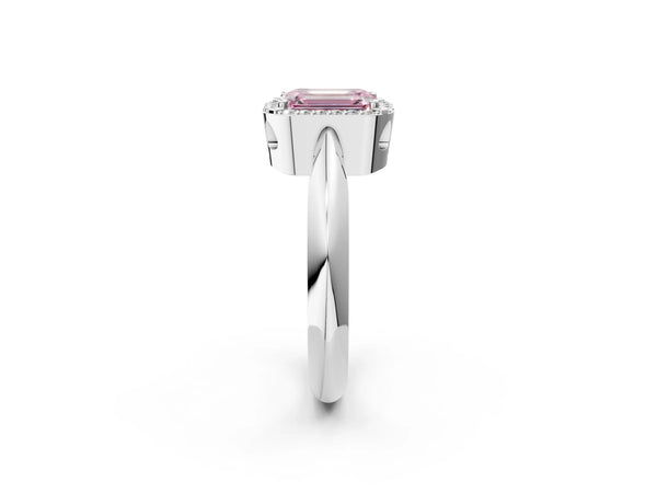 White gold Fancy Pink Emerald  Cut Diamond Halo Engagement Ring with Split Shank and Four-Prong Setting