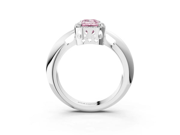 White gold Fancy Pink Emerald  Cut Diamond Halo Engagement Ring with Split Shank and Four-Prong Setting