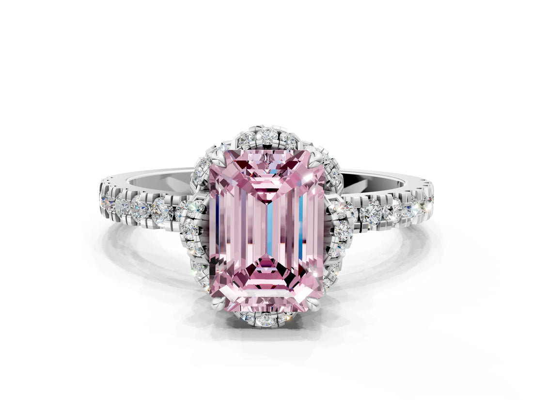 White gold Fancy Pink Emerald Cut Diamond Halo Pave Band with Four-Prong Setting_3