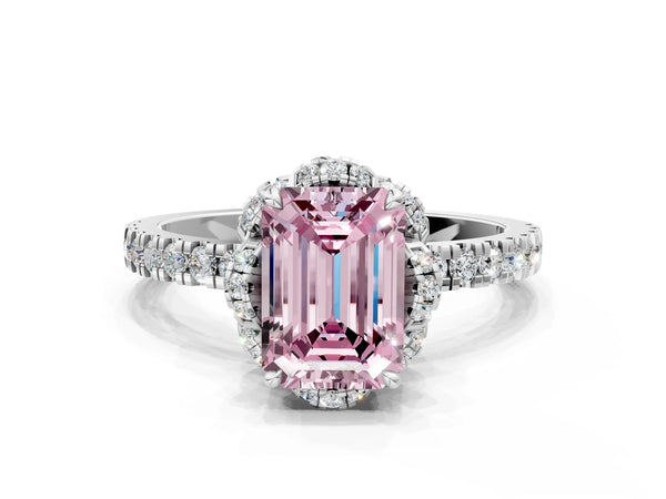 White gold Fancy Pink Emerald Cut Diamond Halo Pave Band with Four-Prong Setting