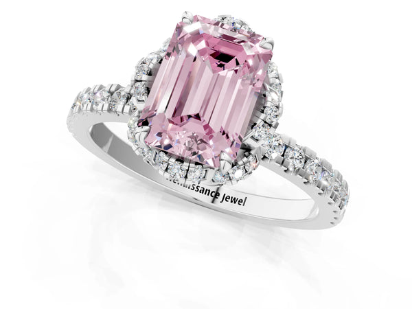 White gold Fancy Pink Emerald Cut Diamond Halo Pave Band with Four-Prong Setting