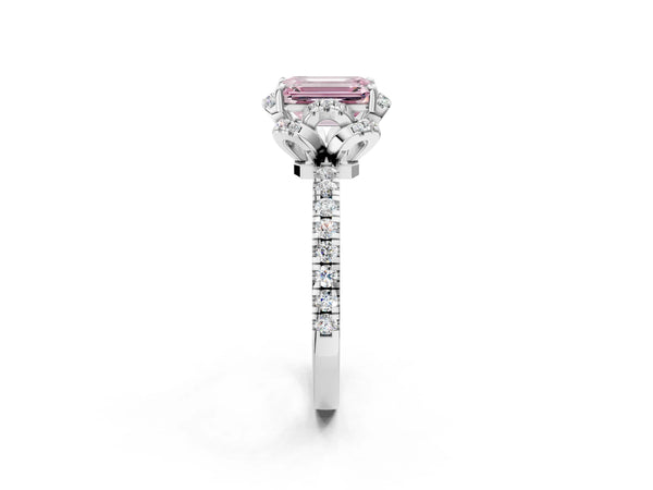 White gold Fancy Pink Emerald Cut Diamond Halo Pave Band with Four-Prong Setting