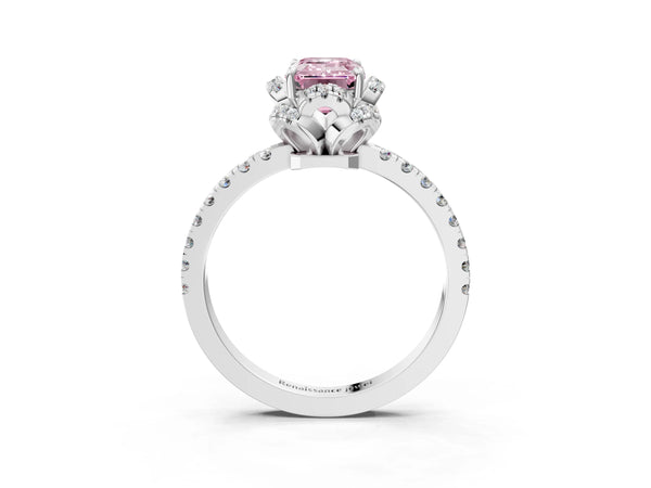 White gold Fancy Pink Emerald Cut Diamond Halo Pave Band with Four-Prong Setting