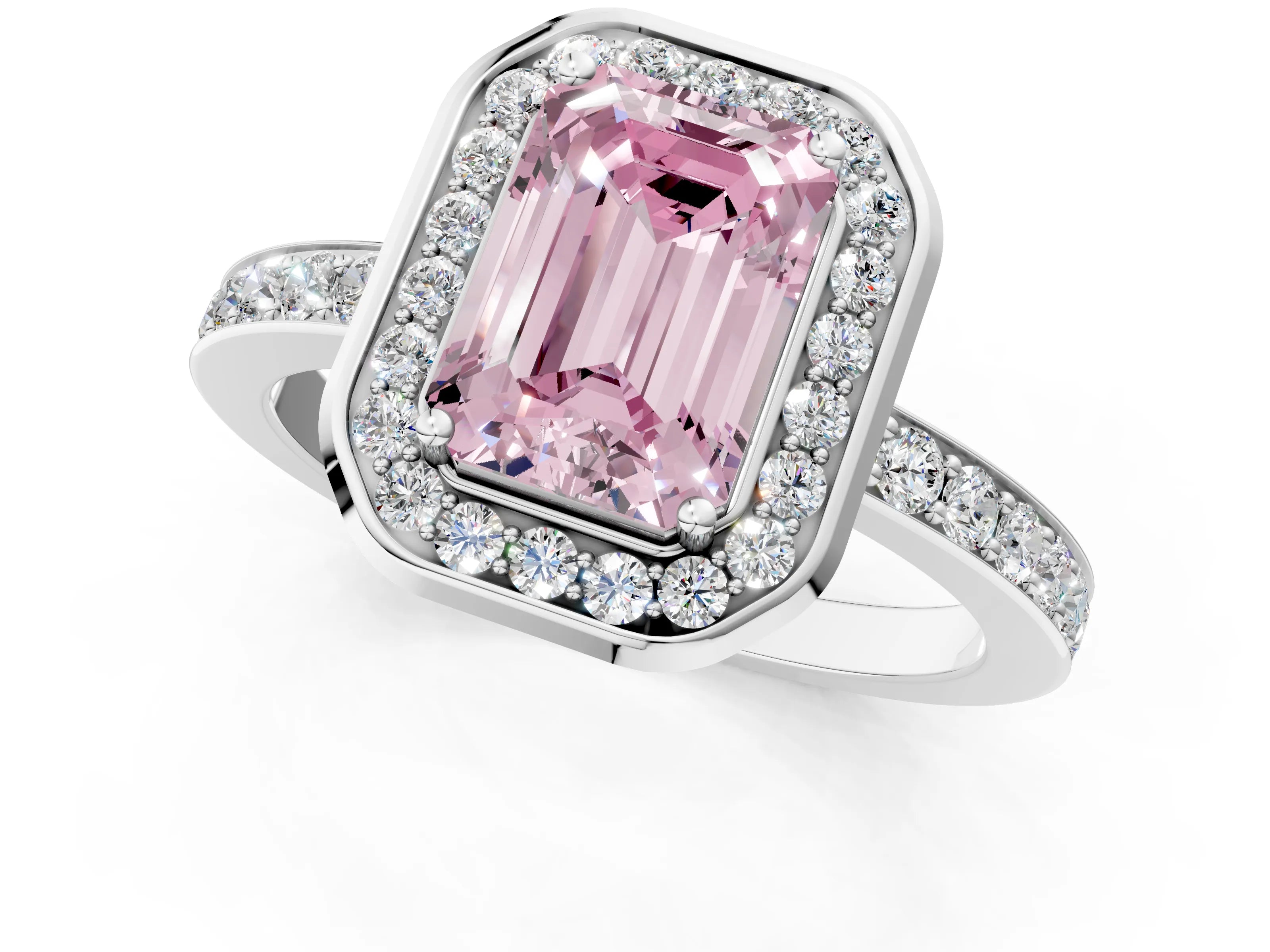 White gold Fancy Pink Emerald Cut Diamond Halo Ring with Bezel Frame and Pavé Band_1