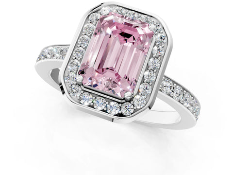 White gold Fancy Pink Emerald Cut Diamond Halo Ring with Bezel Frame and Pavé Band_1