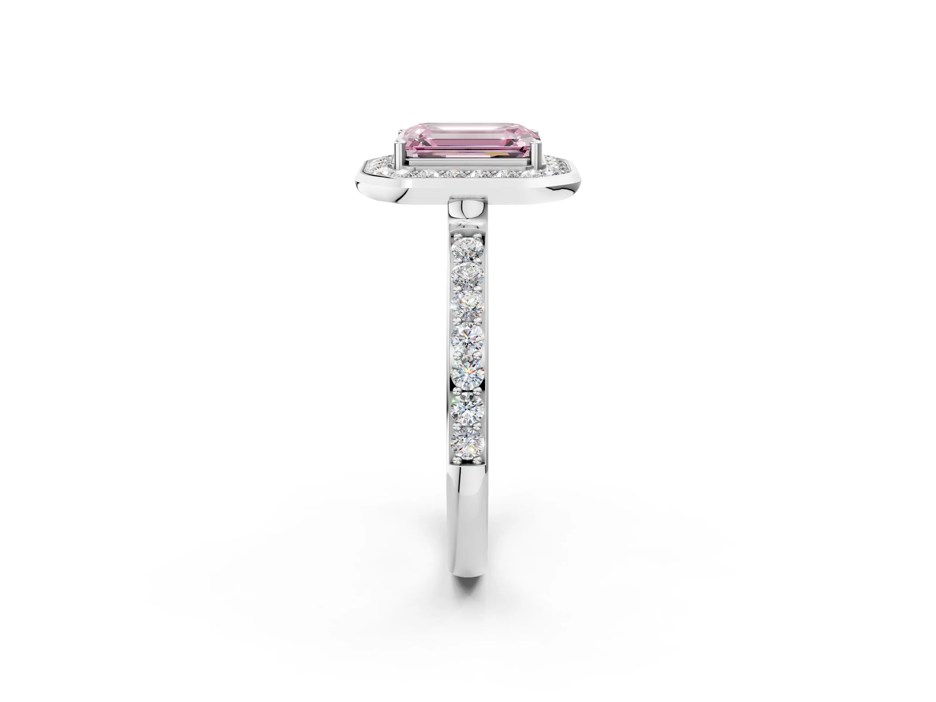 White gold Fancy Pink Emerald Cut Diamond Halo Ring with Bezel Frame and Pavé Band_2