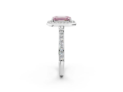 White gold Fancy Pink Emerald Cut Diamond Halo Ring with Bezel Frame and Pavé Band_2