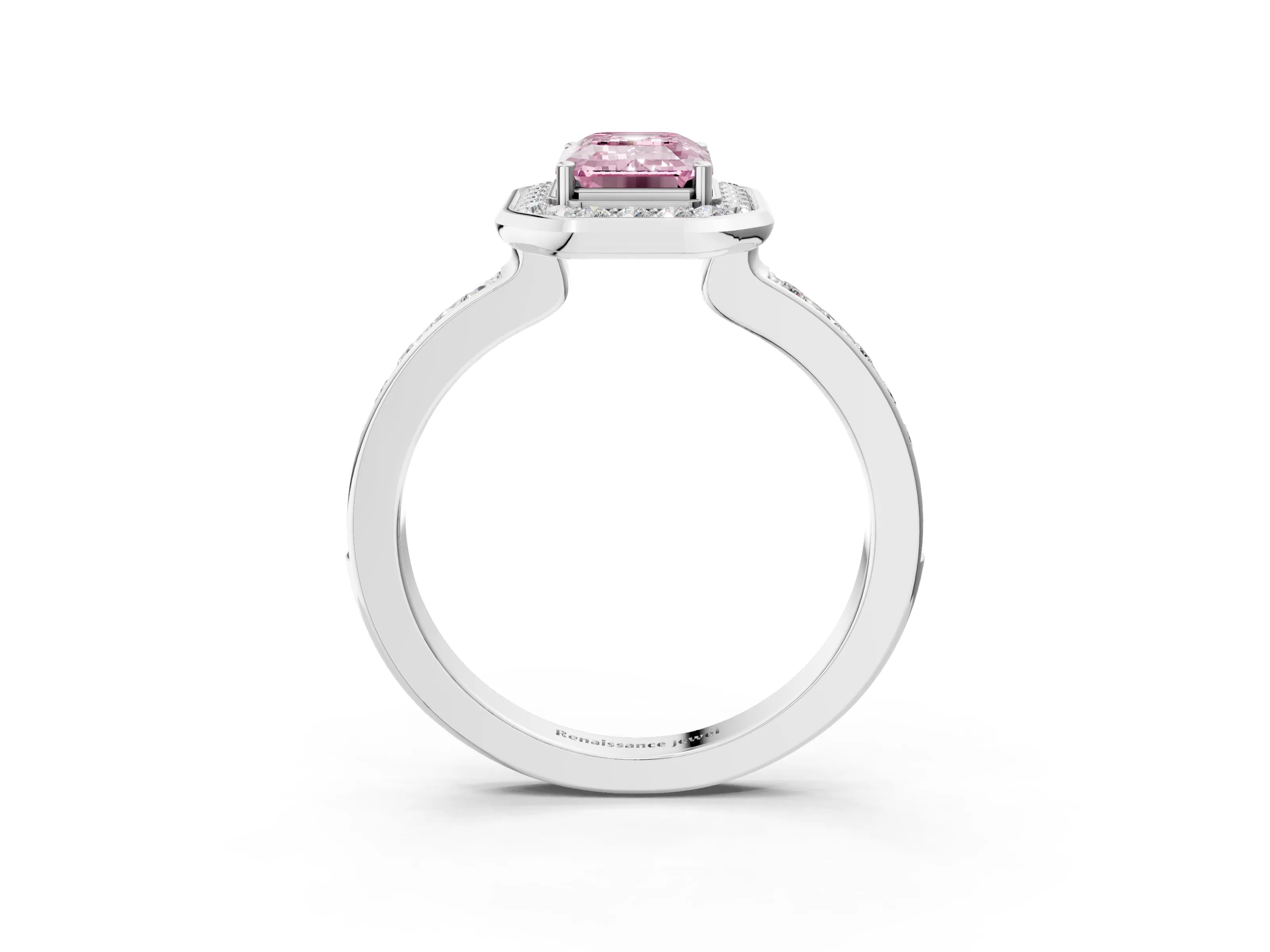 White gold Fancy Pink Emerald Cut Diamond Halo Ring with Bezel Frame and Pavé Band_3