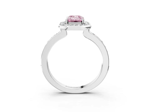 White gold Fancy Pink Emerald Cut Diamond Halo Ring with Bezel Frame and Pavé Band_3