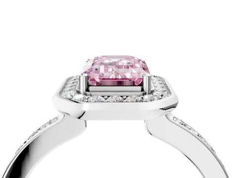 White gold Fancy Pink Emerald Cut Diamond Halo Ring with Bezel Frame and Pavé Band_4