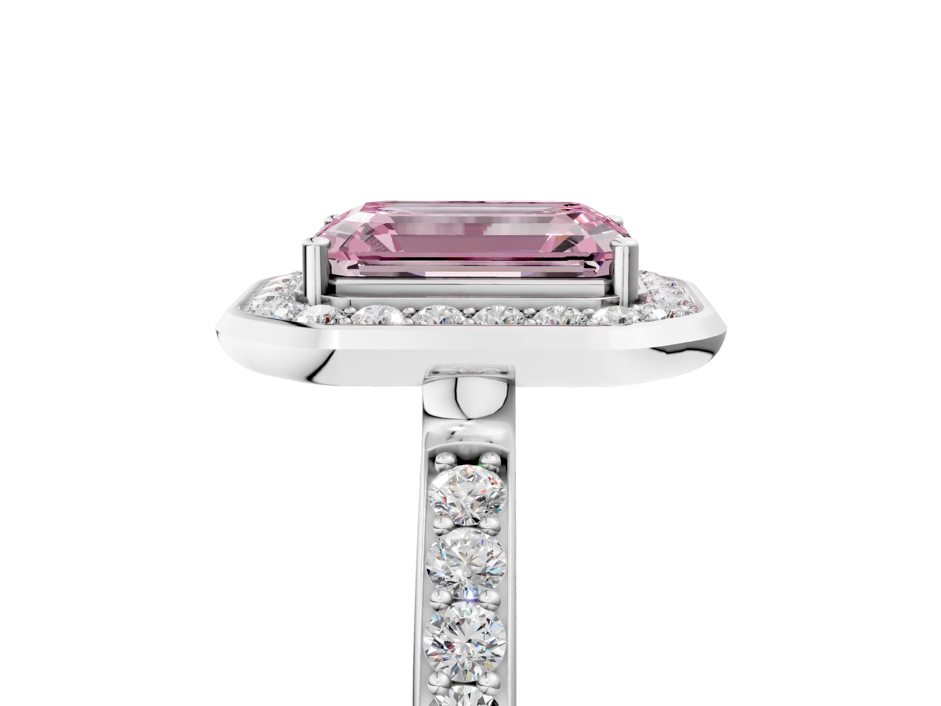 White gold Fancy Pink Emerald Cut Diamond Halo Ring with Bezel Frame and Pavé Band_5