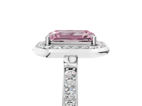White gold Fancy Pink Emerald Cut Diamond Halo Ring with Bezel Frame and Pavé Band_5
