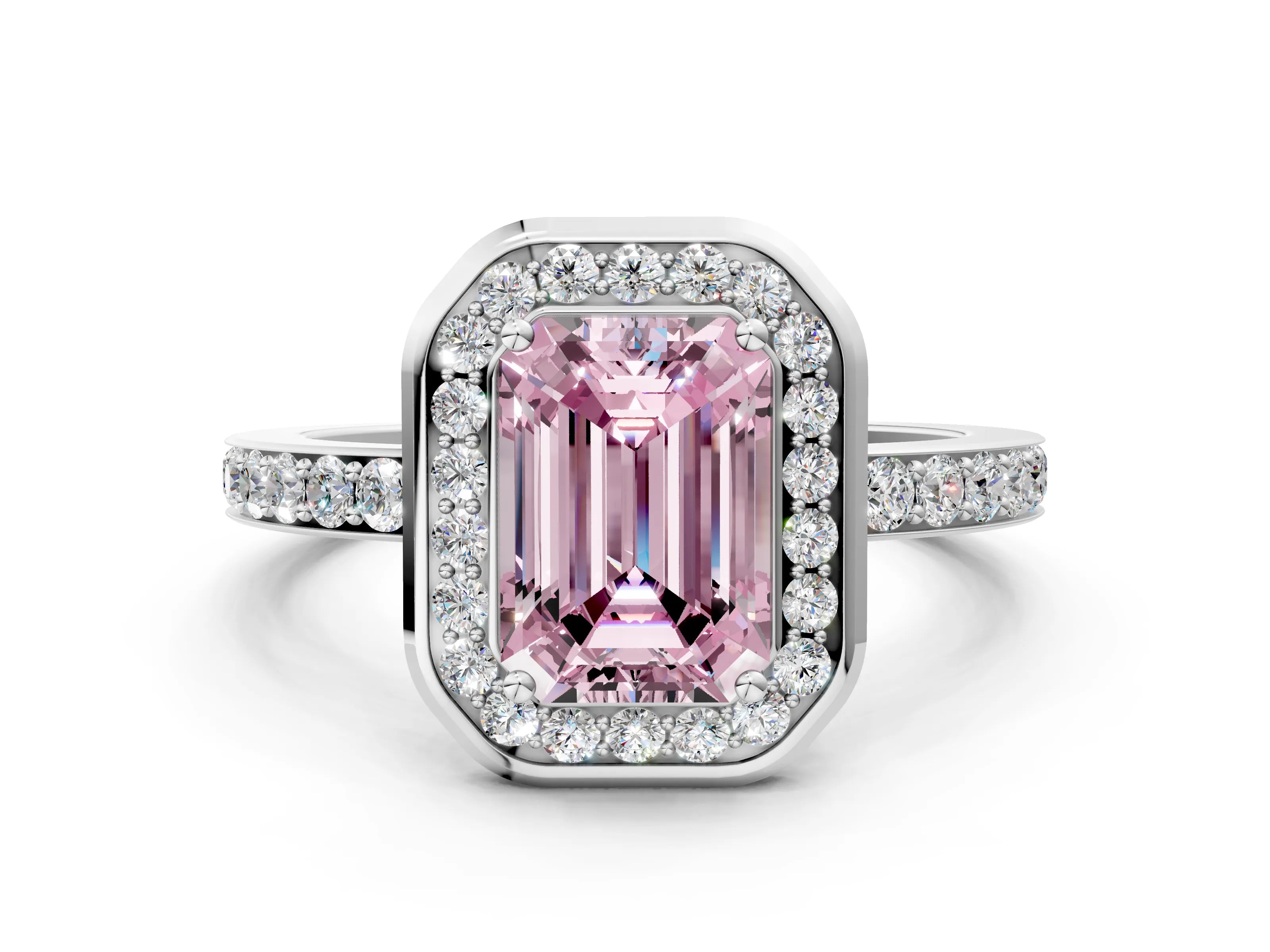 White gold Fancy Pink Emerald Cut Diamond Halo Ring with Bezel Frame and Pavé Band