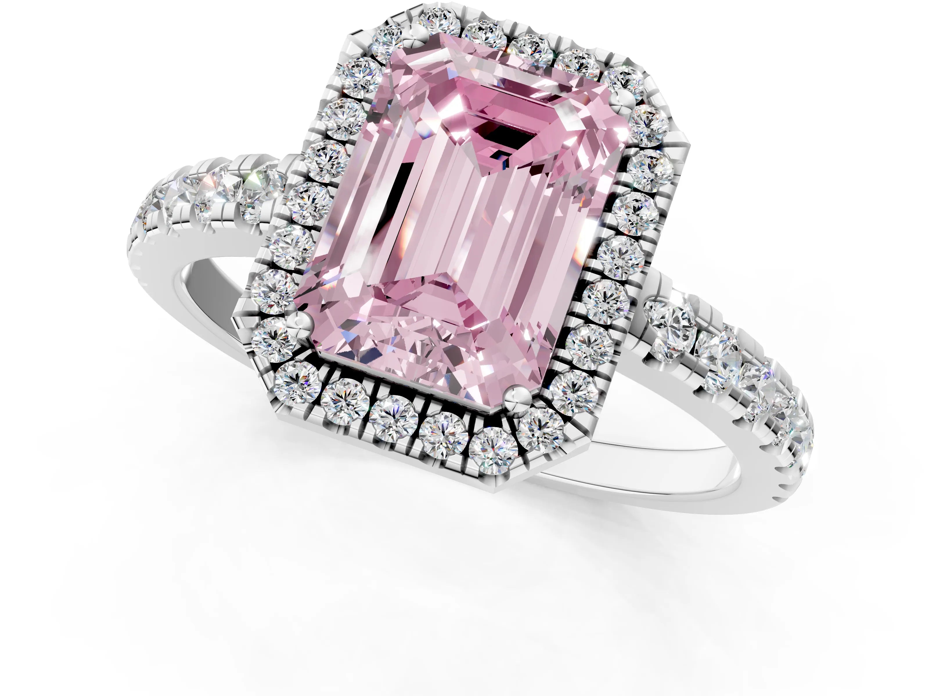 White gold Fancy Pink Emerald Cut Diamond Halo Ring with Pavé Band and Four-Prong Setting_13