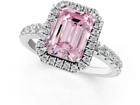 White gold Fancy Pink Emerald Cut Diamond Halo Ring with Pavé Band and Four-Prong Setting_13
