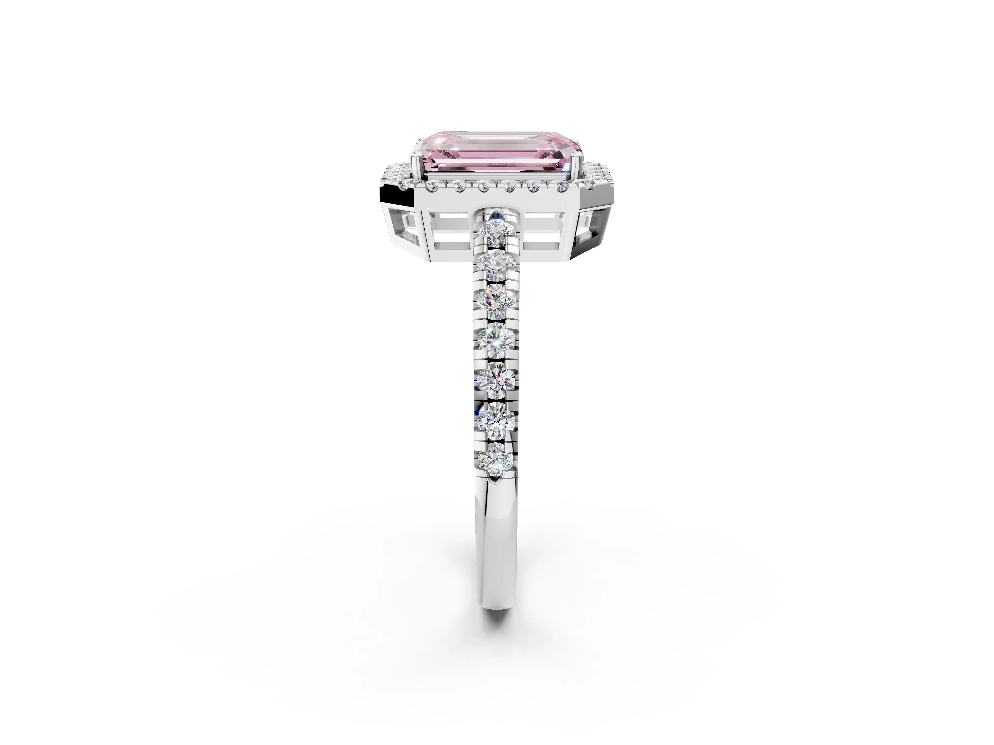 White gold Fancy Pink Emerald Cut Diamond Halo Ring with Pavé Band and Four-Prong Setting_14