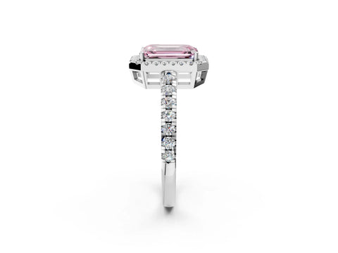 White gold Fancy Pink Emerald Cut Diamond Halo Ring with Pavé Band and Four-Prong Setting_14