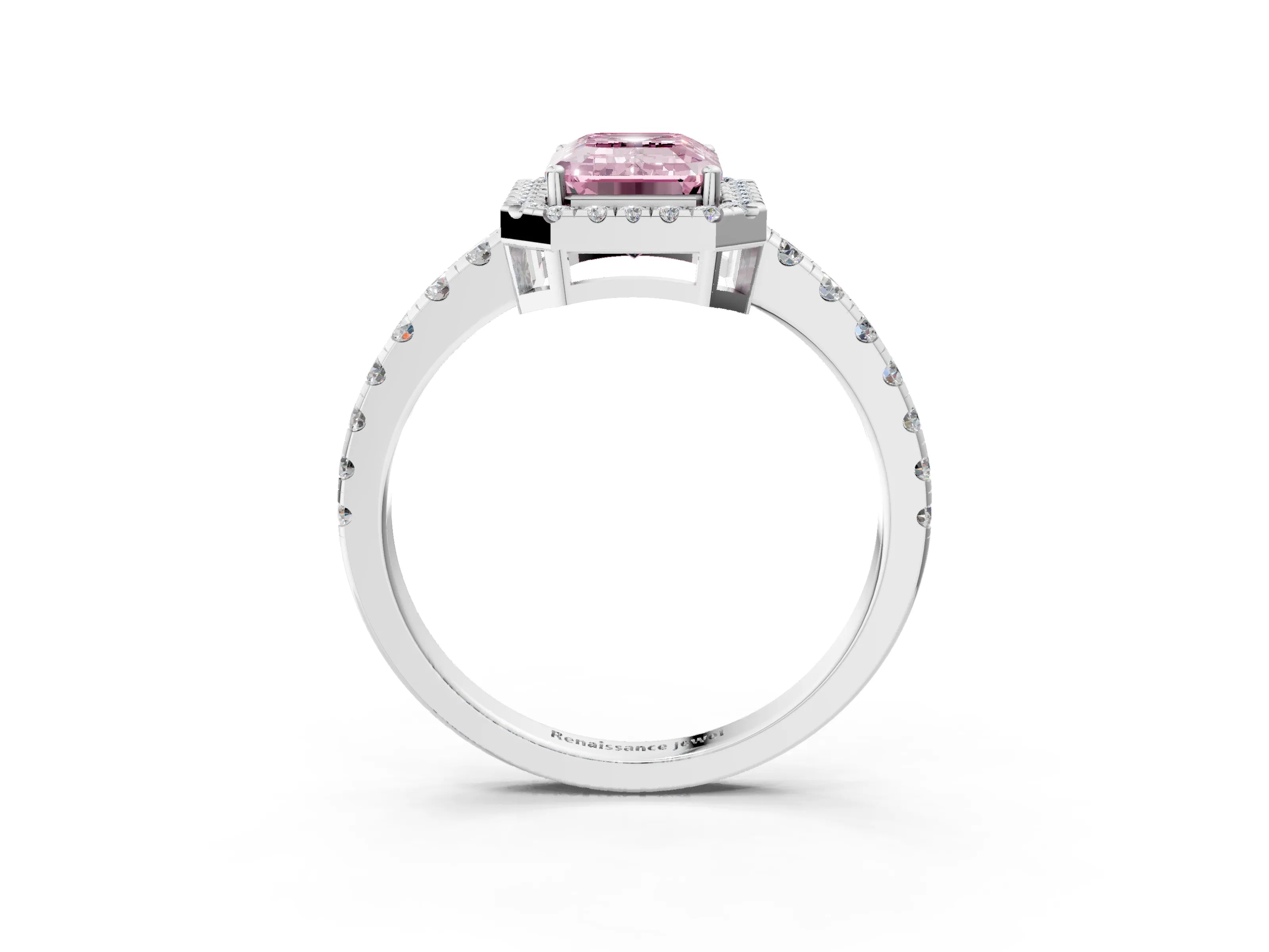 White gold Fancy Pink Emerald Cut Diamond Halo Ring with Pavé Band and Four-Prong Setting_15