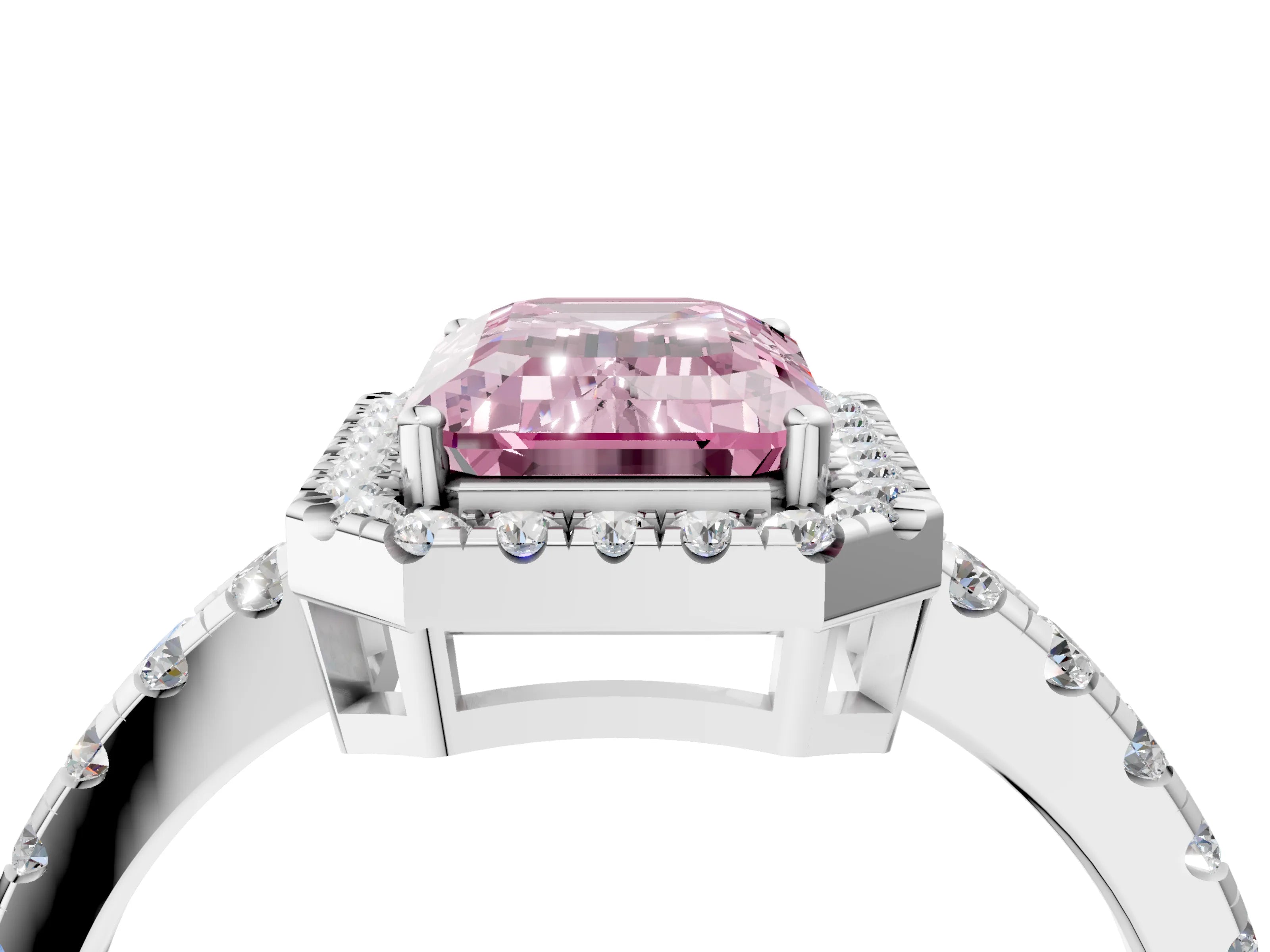 White gold Fancy Pink Emerald Cut Diamond Halo Ring with Pavé Band and Four-Prong Setting_16