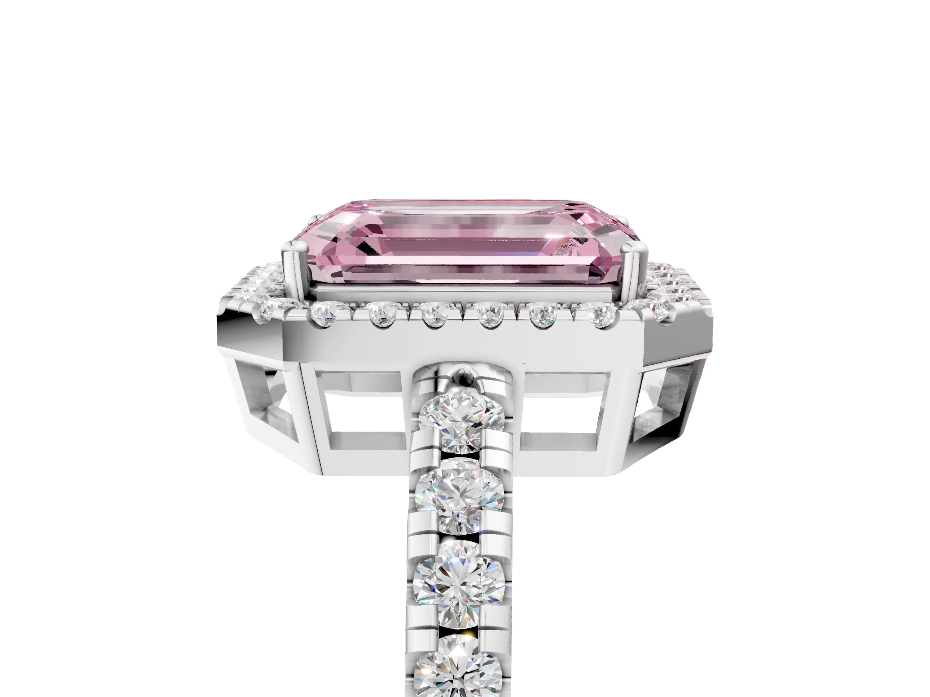 White gold Fancy Pink Emerald Cut Diamond Halo Ring with Pavé Band and Four-Prong Setting_17