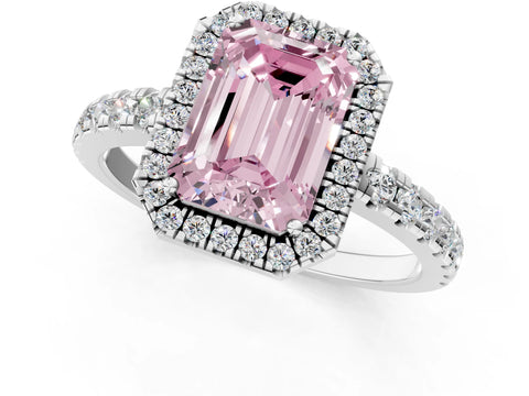 White gold Fancy Pink Emerald Cut Diamond Halo Ring with Pavé Band and Four-Prong Setting_1