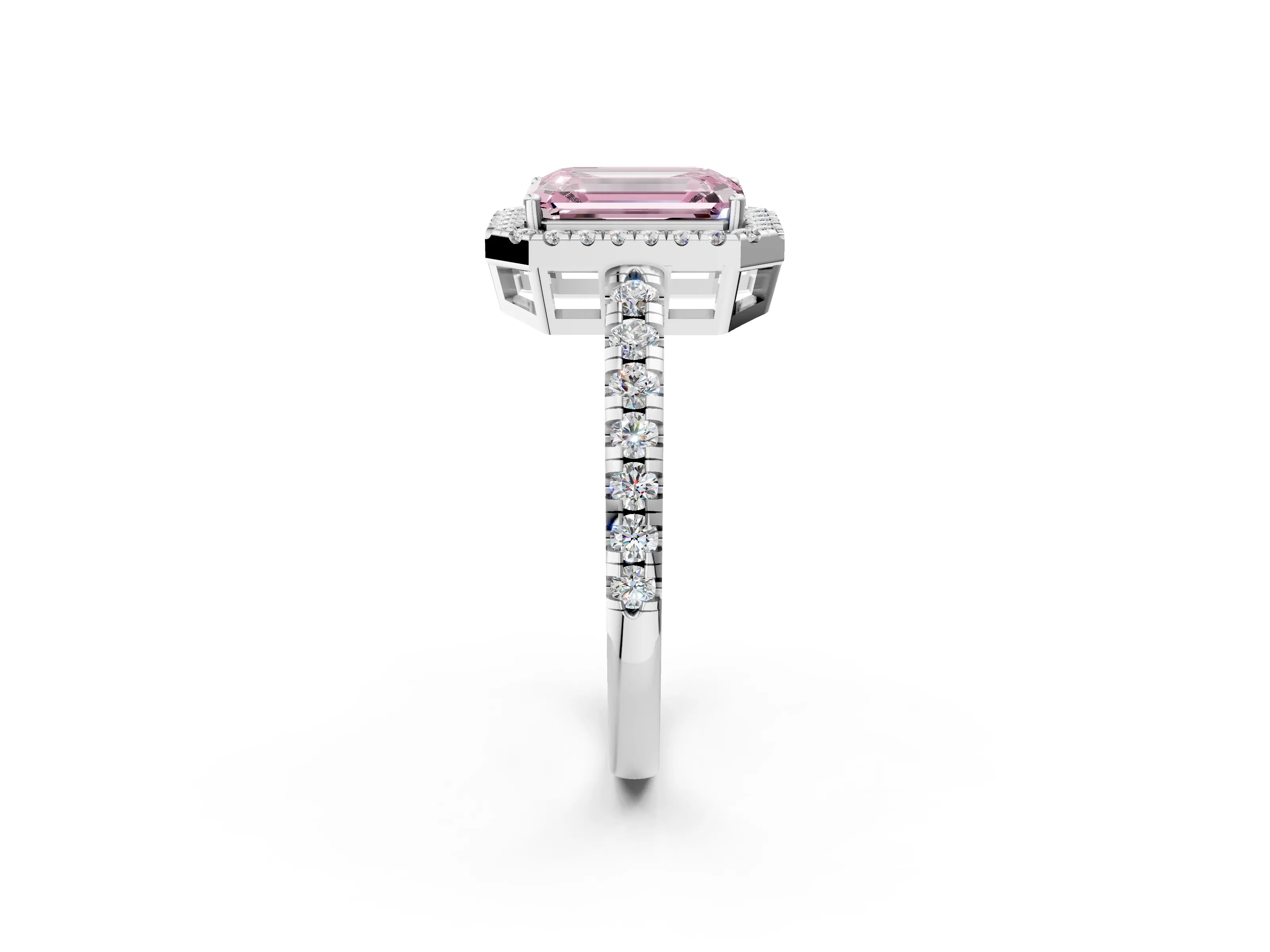 White gold Fancy Pink Emerald Cut Diamond Halo Ring with Pavé Band and Four-Prong Setting_2