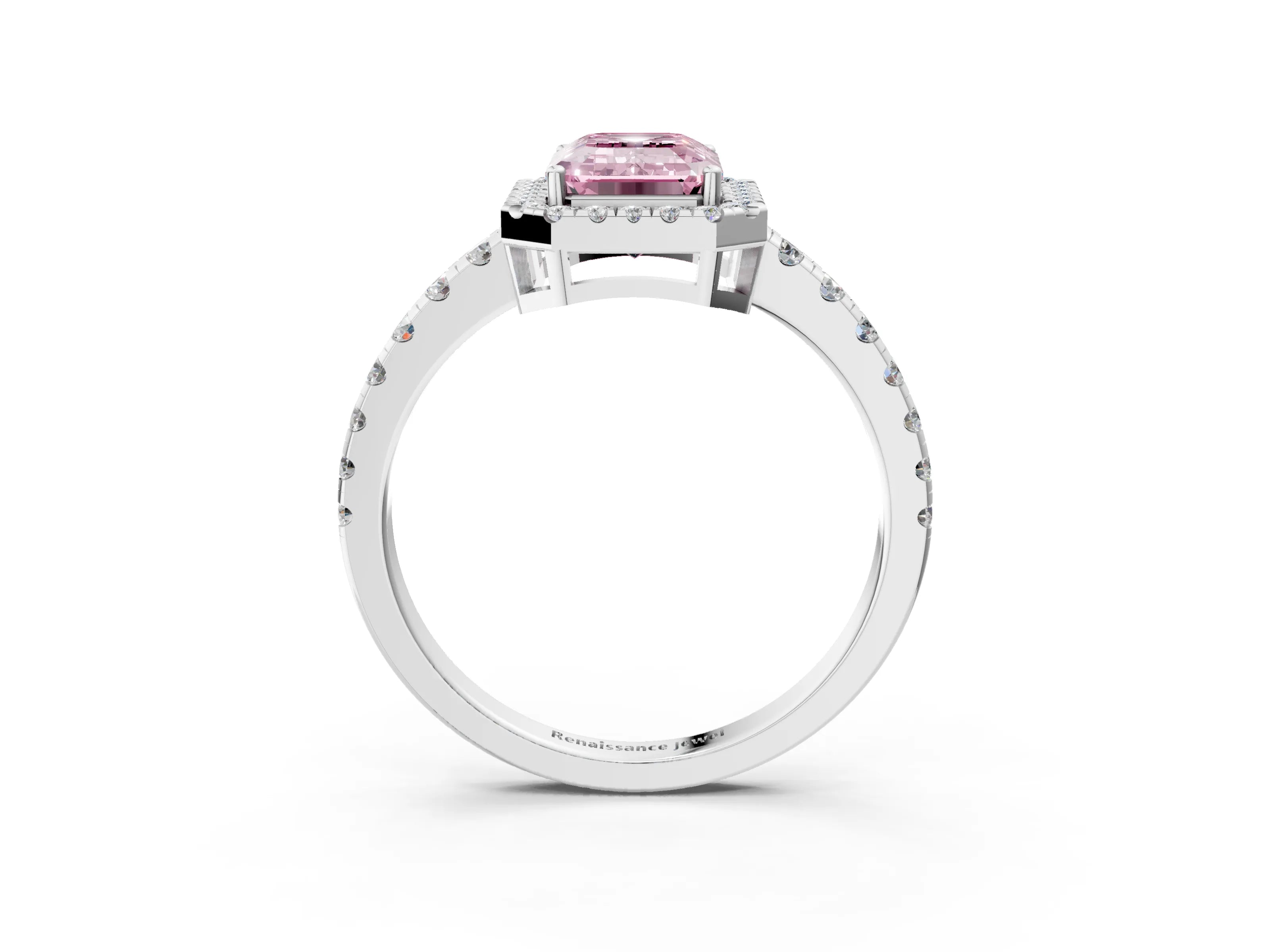 White gold Fancy Pink Emerald Cut Diamond Halo Ring with Pavé Band and Four-Prong Setting_3