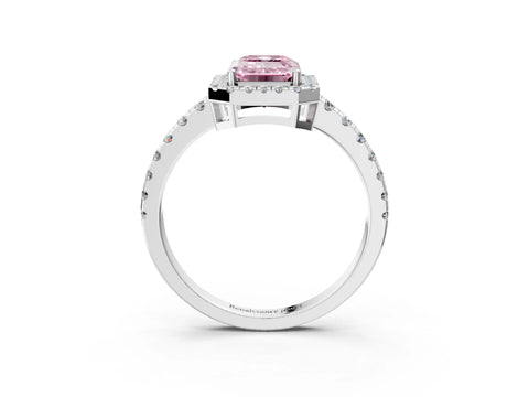 White gold Fancy Pink Emerald Cut Diamond Halo Ring with Pavé Band and Four-Prong Setting_3
