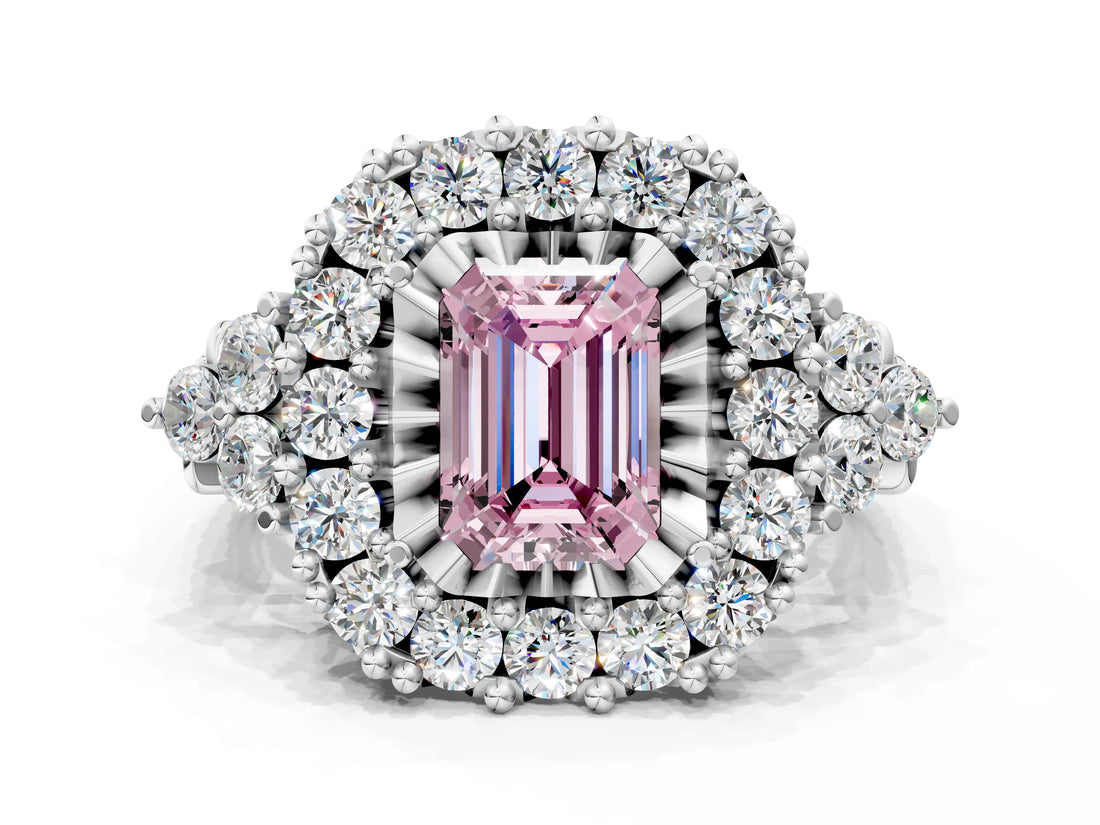 White gold Fancy Pink Emerald Cut Diamond Halo Ring with Pavé Band and Four-Prong Setting_53