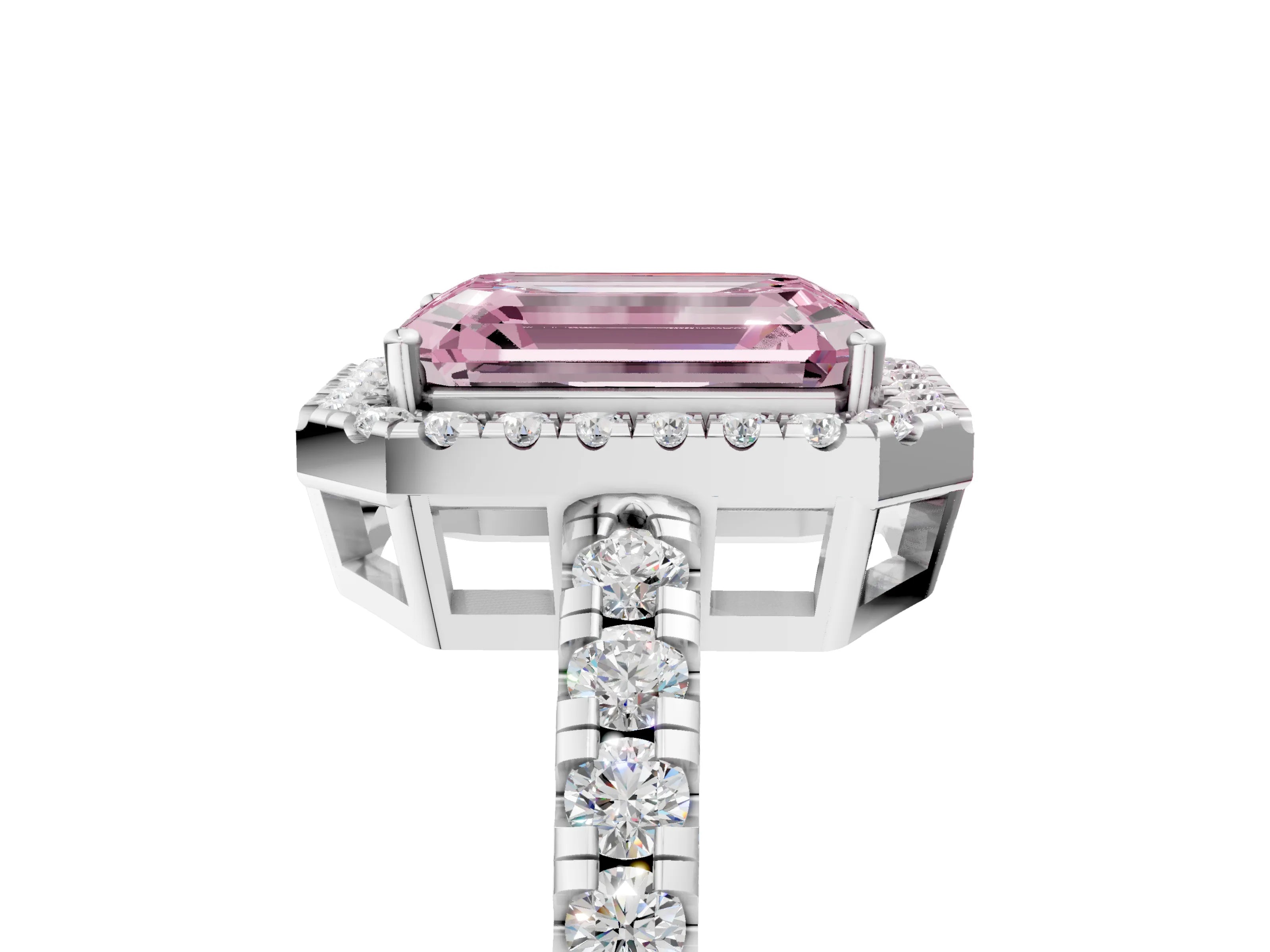 White gold Fancy Pink Emerald Cut Diamond Halo Ring with Pavé Band and Four-Prong Setting_5