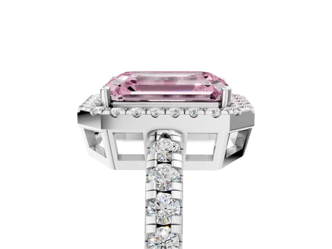 White gold Fancy Pink Emerald Cut Diamond Halo Ring with Pavé Band and Four-Prong Setting_5