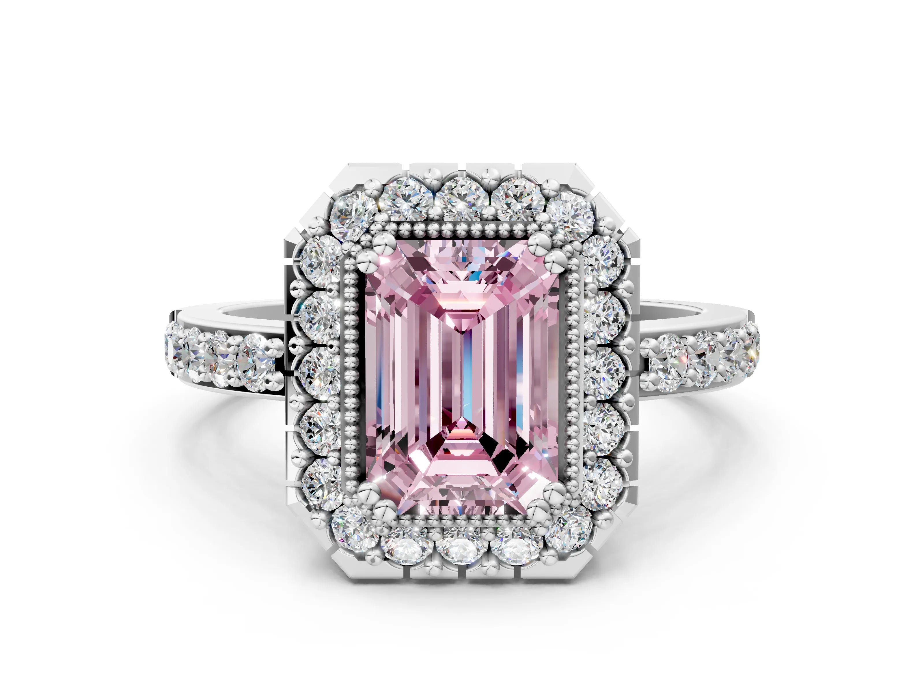 White gold Fancy Pink Emerald Cut Diamond Halo Ring with Pavé Band and Prong Setting_12
