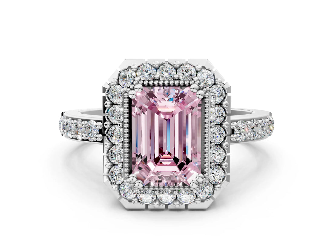 White gold Fancy Pink Emerald Cut Diamond Halo Ring with Pavé Band and Prong Setting_12