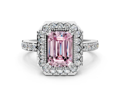 White gold Fancy Pink Emerald Cut Diamond Halo Ring with Pavé Band and Prong Setting_12