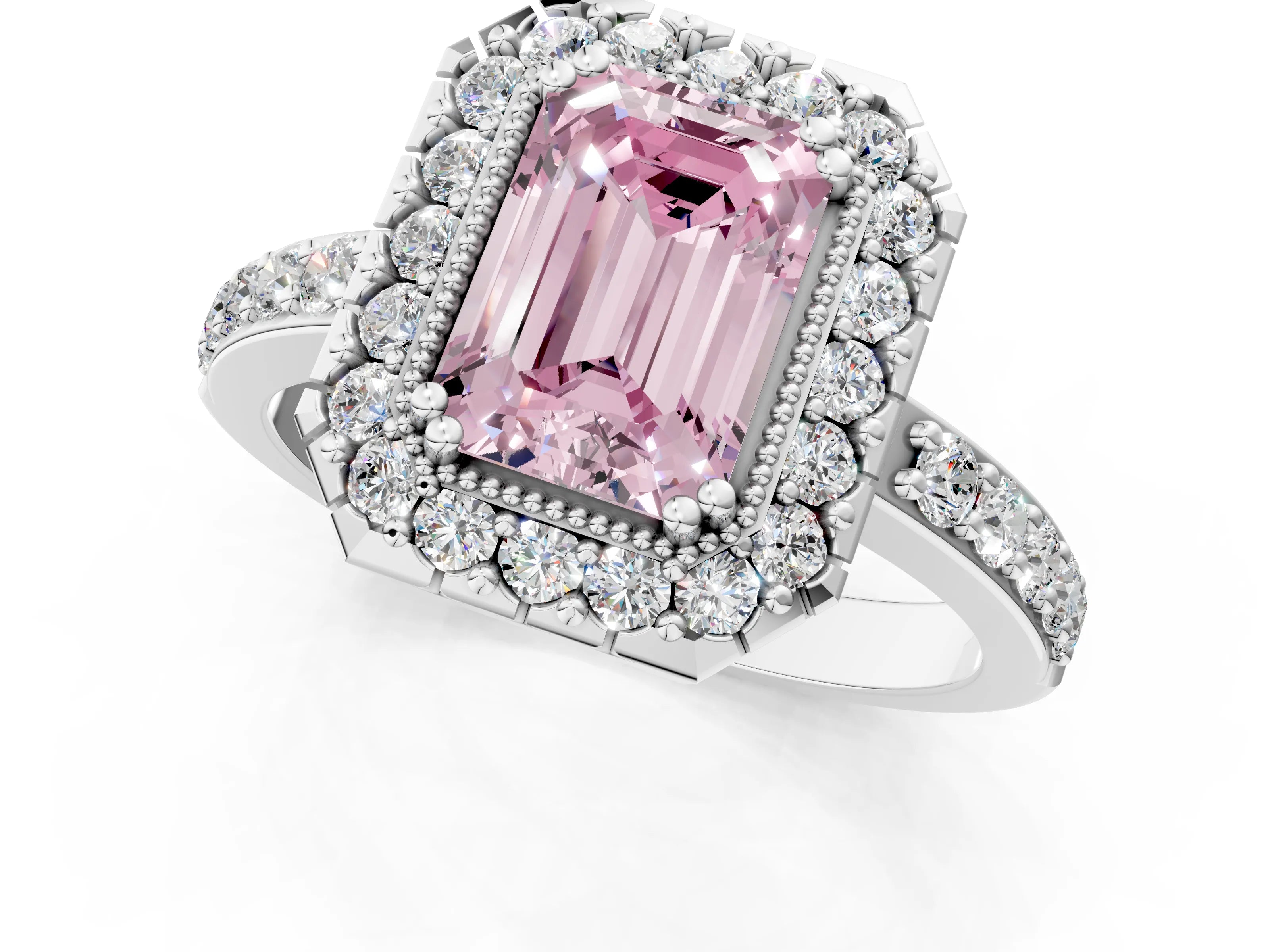 White gold Fancy Pink Emerald Cut Diamond Halo Ring with Pavé Band and Prong Setting_13