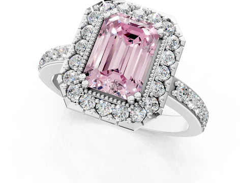 White gold Fancy Pink Emerald Cut Diamond Halo Ring with Pavé Band and Prong Setting_13