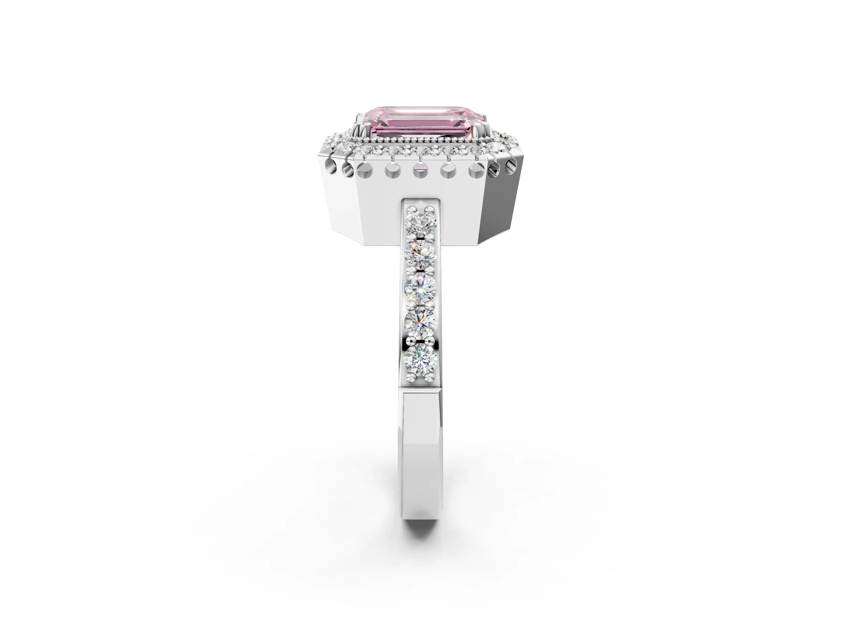 White gold Fancy Pink Emerald Cut Diamond Halo Ring with Pavé Band and Prong Setting_14