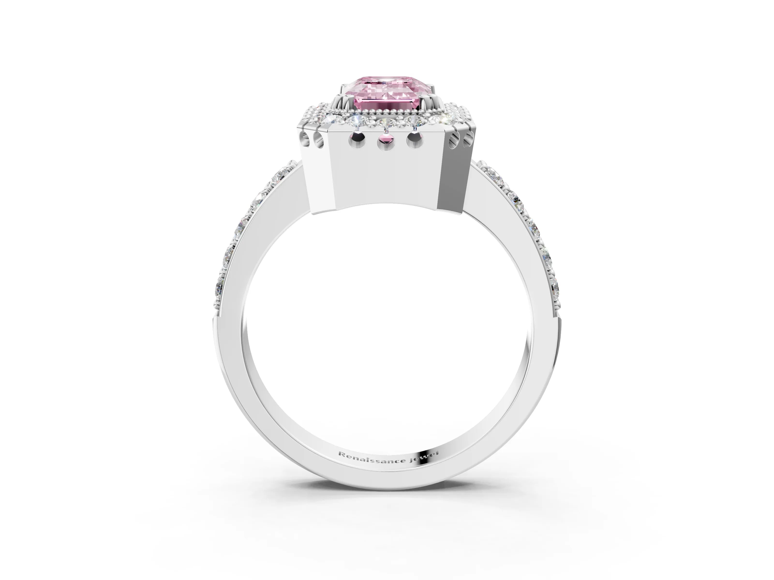 White gold Fancy Pink Emerald Cut Diamond Halo Ring with Pavé Band and Prong Setting_15