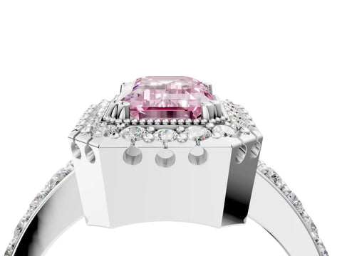White gold Fancy Pink Emerald Cut Diamond Halo Ring with Pavé Band and Prong Setting_16