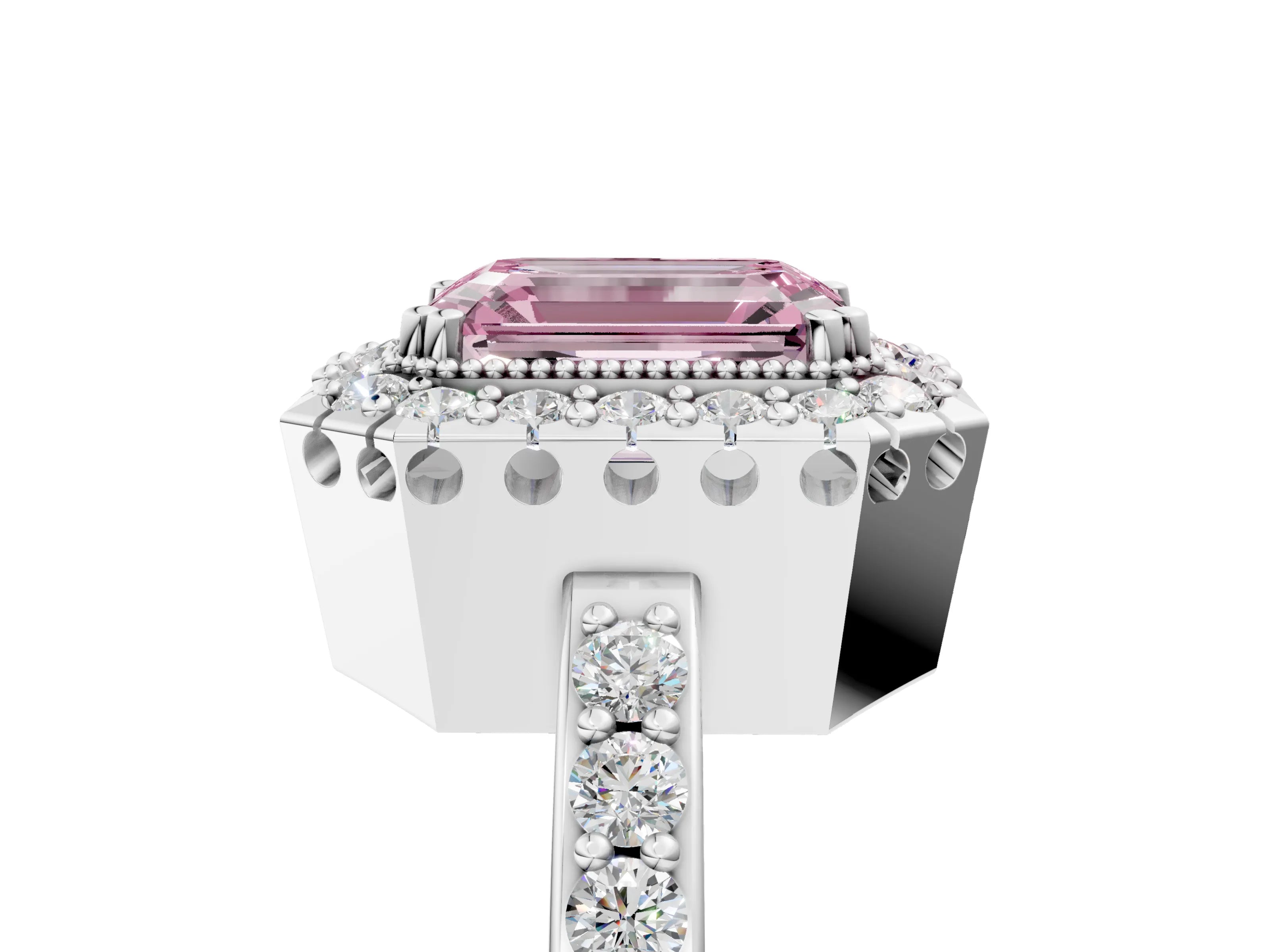 White gold Fancy Pink Emerald Cut Diamond Halo Ring with Pavé Band and Prong Setting_17