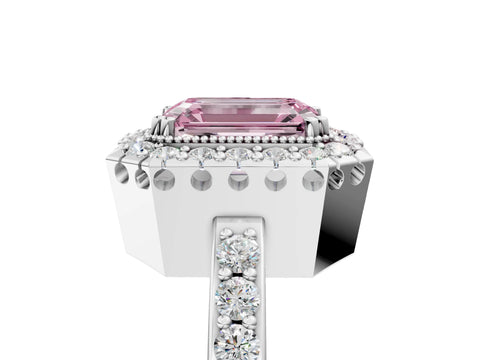 White gold Fancy Pink Emerald Cut Diamond Halo Ring with Pavé Band and Prong Setting_17