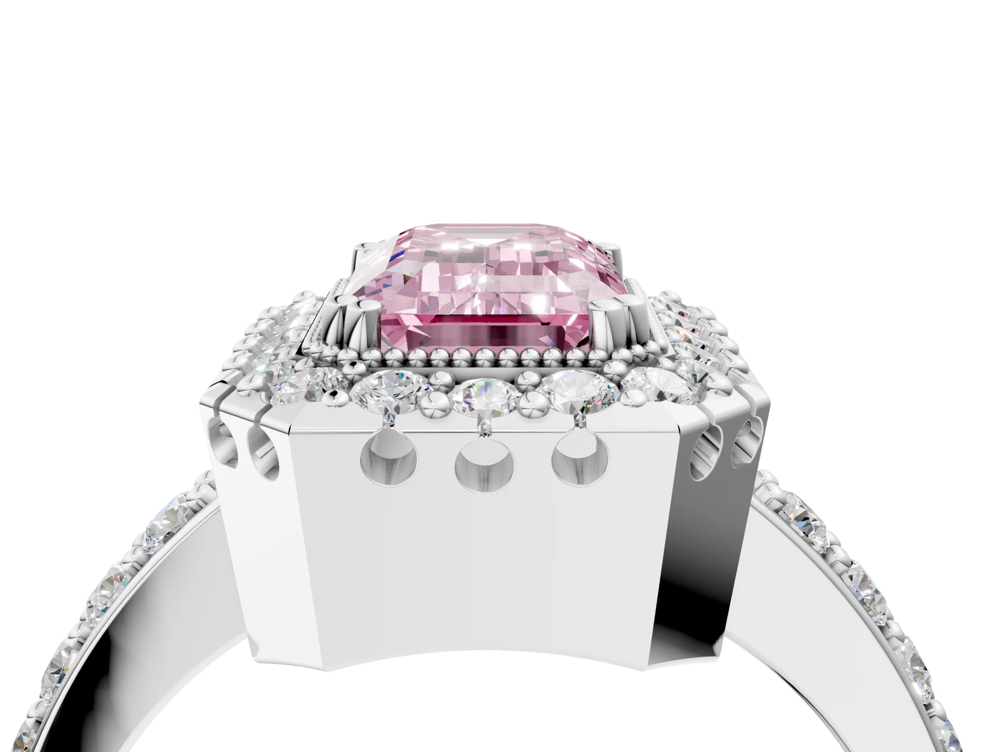 White gold Fancy Pink Emerald Cut Diamond Halo Ring with Pavé Band and Prong Setting_4