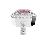White gold Fancy Pink Emerald Cut Diamond Halo Ring with Pavé Band and Prong Setting_5