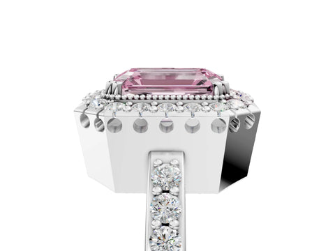 White gold Fancy Pink Emerald Cut Diamond Halo Ring with Pavé Band and Prong Setting_5