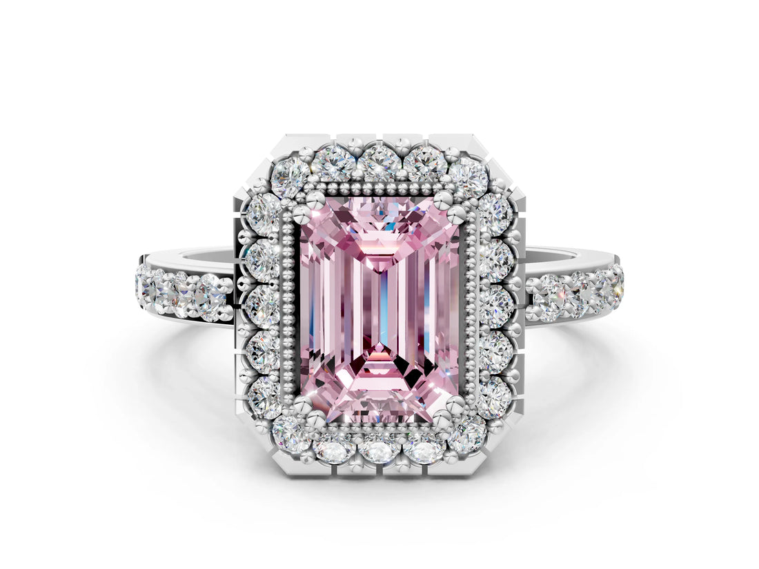 White gold Fancy Pink Emerald Cut Diamond Halo Ring with Pavé Band and Prong Setting
