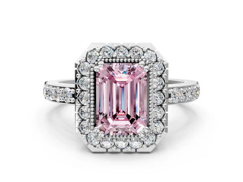 White gold Fancy Pink Emerald Cut Diamond Halo Ring with Pavé Band and Prong Setting