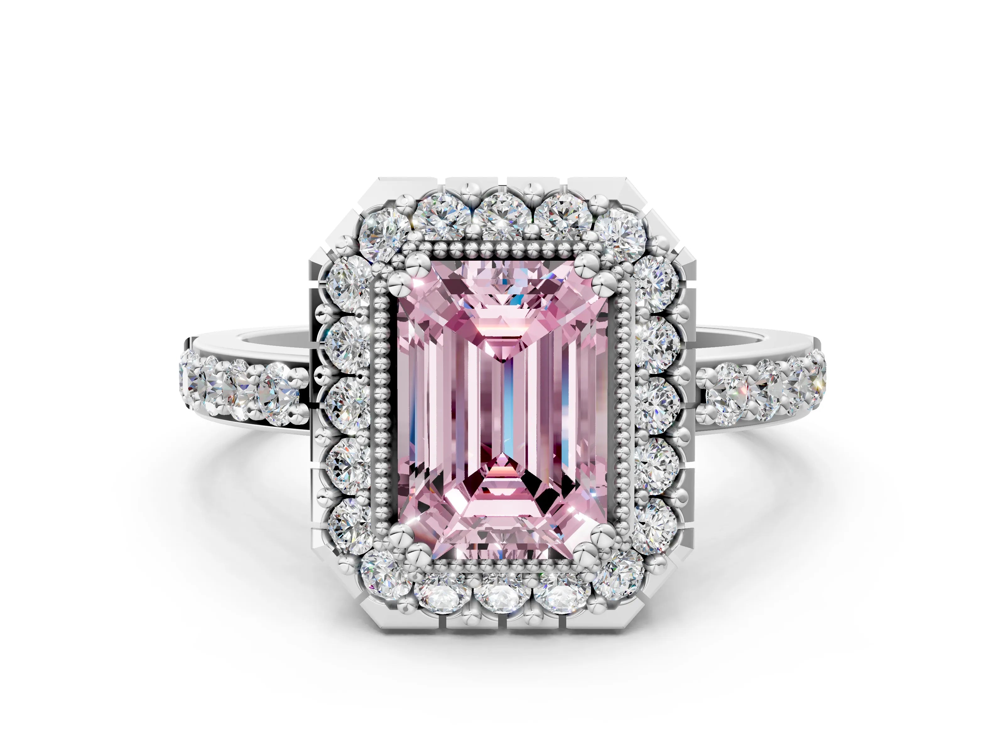White gold Fancy Pink Emerald Cut Diamond Halo Ring with Pavé Band and Prong Setting