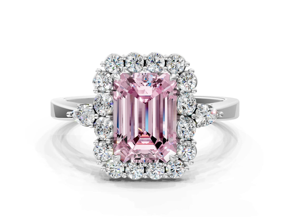 White gold Fancy Pink Emerald Cut Diamond Halo Ring with Pear Side Stones and Prong Setting_75