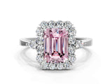 White gold Fancy Pink Emerald Cut Diamond Halo Ring with Pear Side Stones and Prong Setting_76