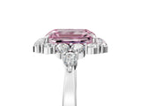 White gold Fancy Pink Emerald Cut Diamond Halo Ring with Pear Side Stones and Prong Setting_80
